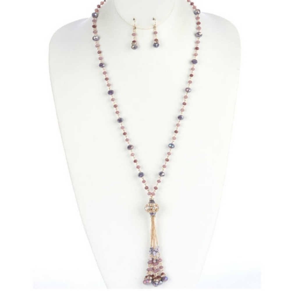 Purple & Gold Crystal Tassel Pendant Necklace